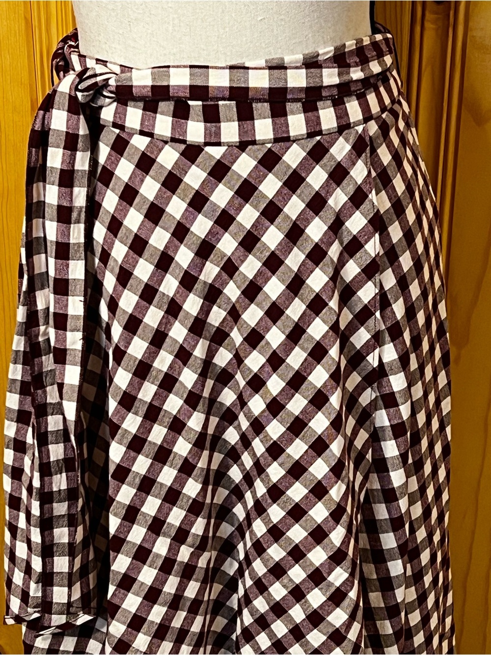 Forte_Forte Cotton Gingham Checked Tie-Waist Maxi Skirt in Maroon and Cream Sz-M - Picture 3 of 9